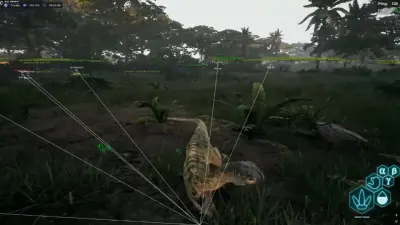 The Isle foggy jungle with a Hypsilophodon in the foreground and white ESP tracer lines pointing to distant players, trees, and resource labels.