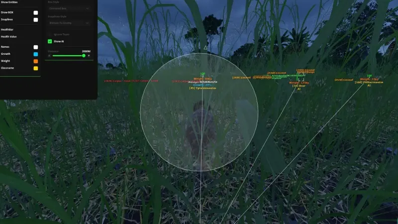 The Isle ESP boxes showing dinos through jungle foliage